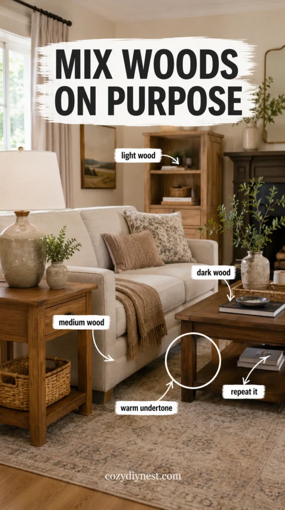 mixed warm wood tones in a living room using oak walnut and woven basket texture