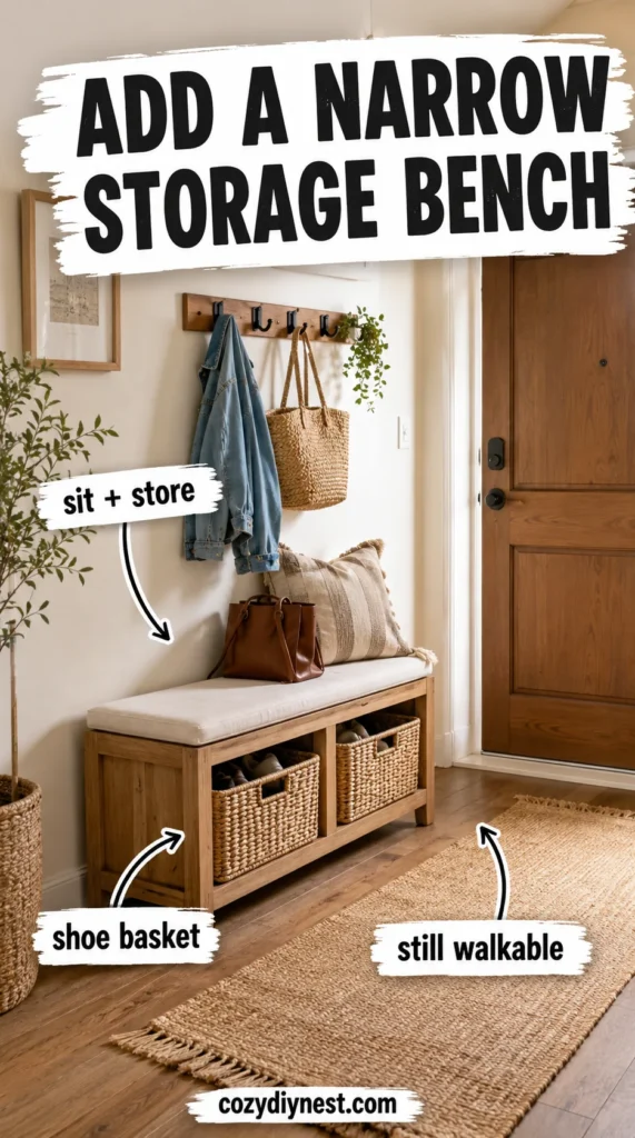 Your Small Entryway Looks Messy? 7 Genius Small Entryway Storage Ideas That Create a Real Drop Zone 6 small entryway storage ideas using a narrow bench with baskets underneath without blocking the walkway