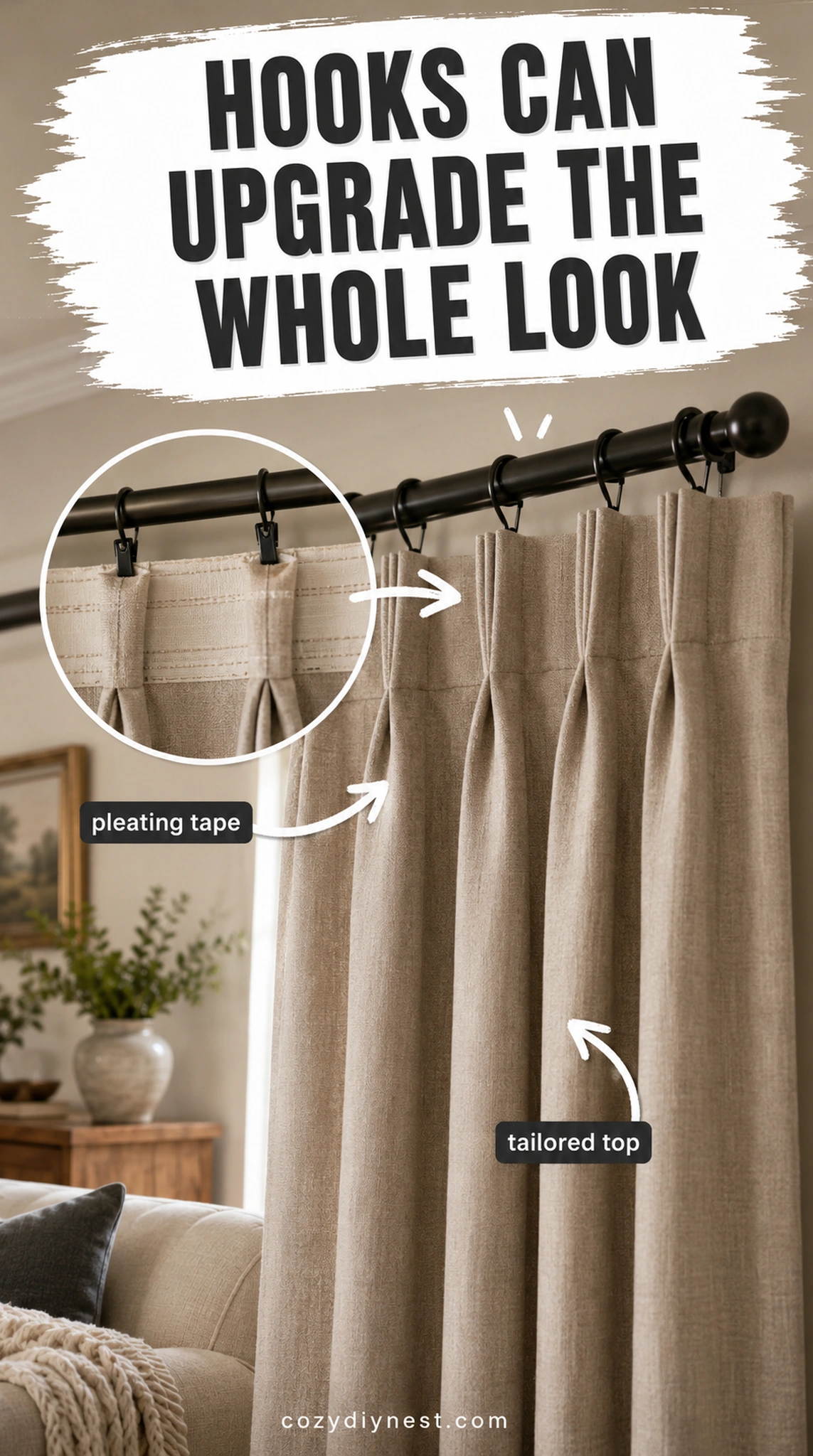 pleating hooks giving basic curtains a pinch pleat look