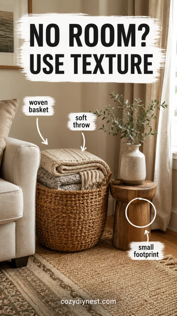 woven basket with folded throw blankets warming a small living room corner without bulky furniture