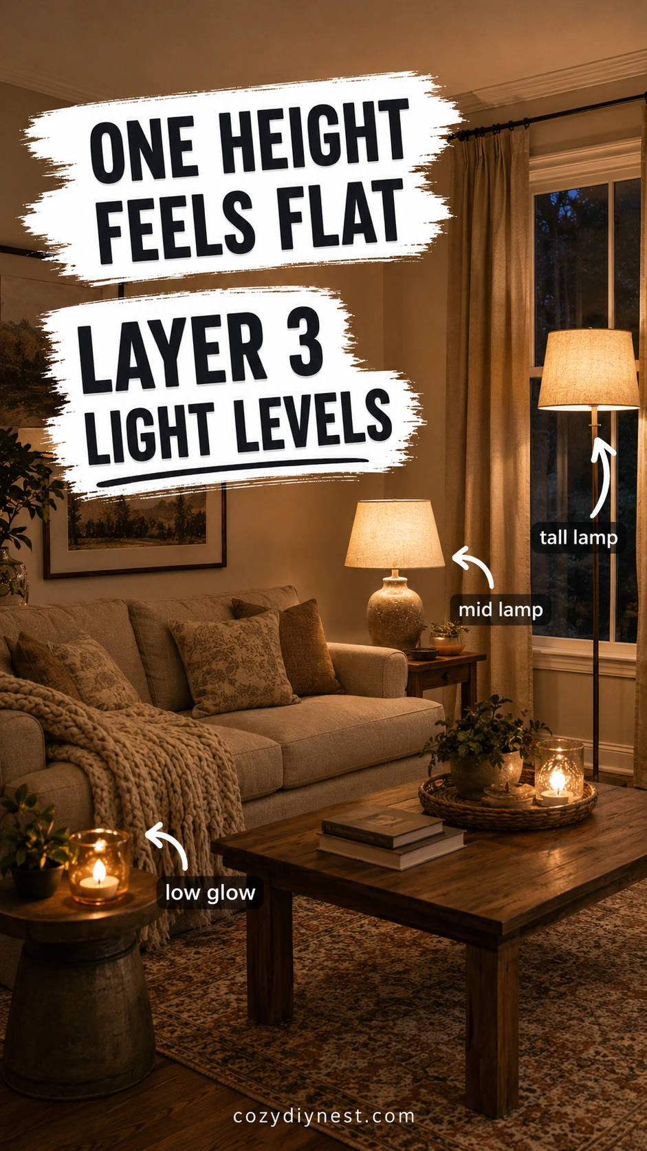 layered lighting living room with lights at three different heights
