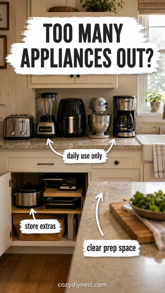 small kitchen organization ideas for appliance storage to reduce countertop clutter