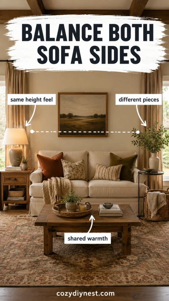 balanced living room side table decor on both sofa sides with lamp basket and warm texture