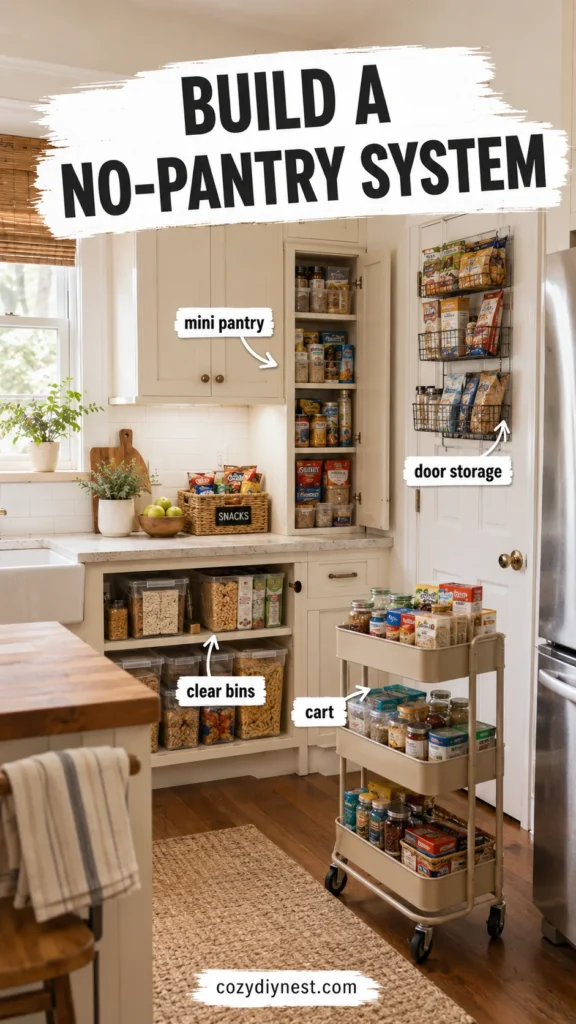 small kitchen no pantry ideas showing a complete no pantry system with cabinet cart door storage and bins