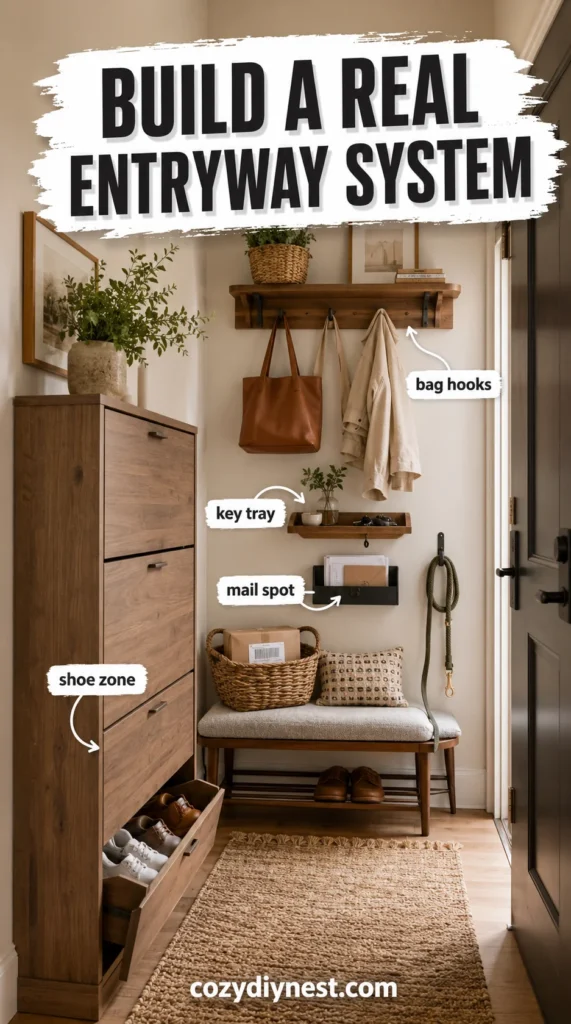Your Small Entryway Looks Messy? 7 Genius Small Entryway Storage Ideas That Create a Real Drop Zone 7 small entryway storage ideas showing a complete front door system with shoe zone hooks key tray mail spot and basket