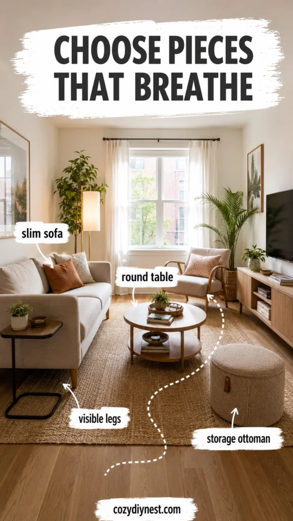 Your Small Living Room Feels Crowded? 7 Small Living Room Furniture Ideas That Make It Feel Bigger 7 small living room furniture capsule with slim sofa round coffee table C-shaped table and storage ottoman