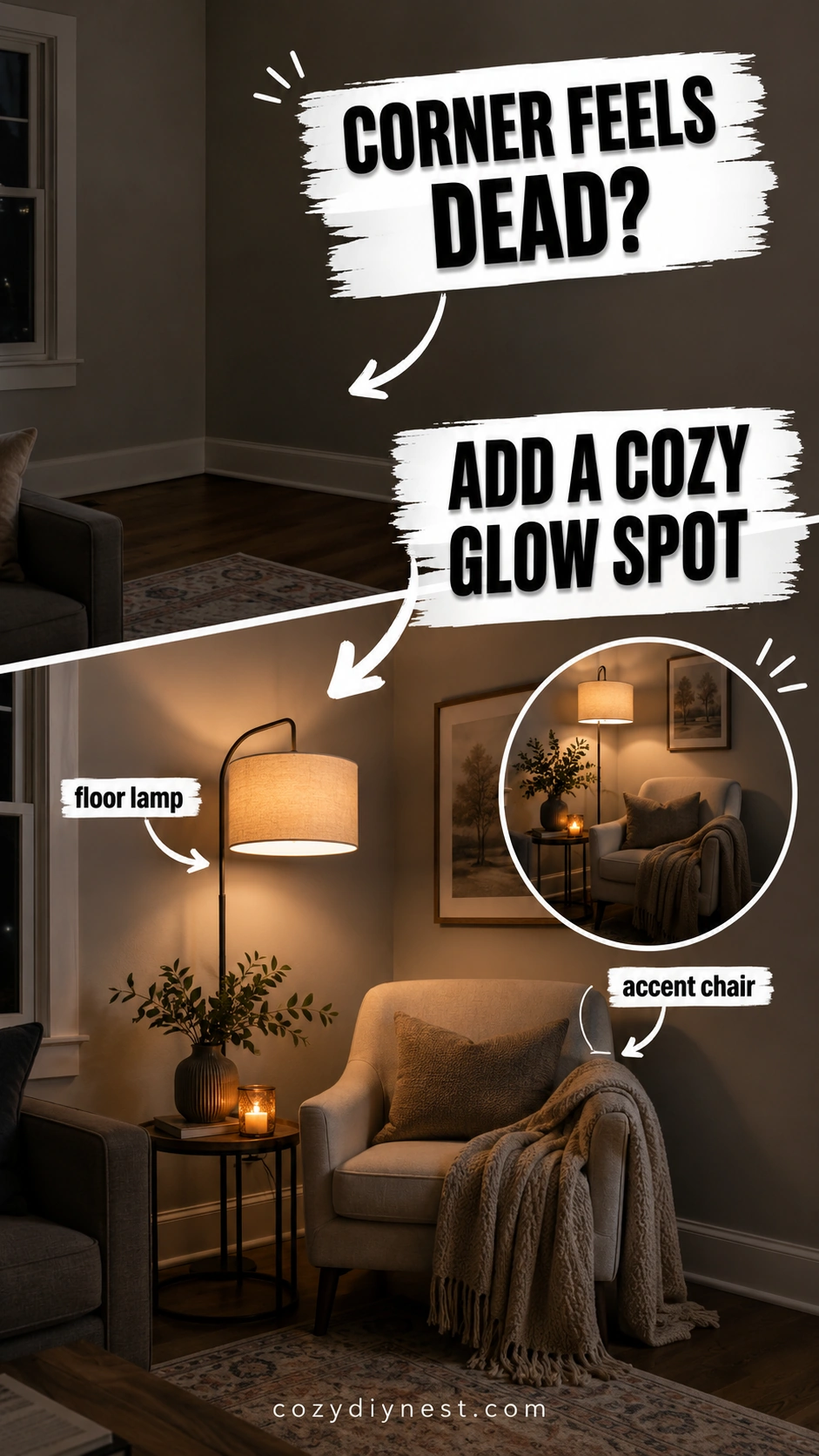 how to make a living room feel cozy with a warm corner glow spot