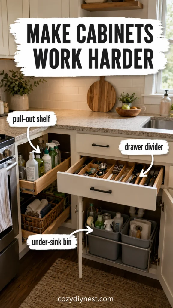 small kitchen organization ideas with drawer dividers pull out cabinet shelf and under sink organizer