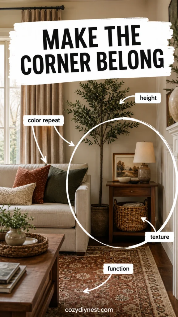 finished cozy living room corner with faux olive tree warm wood table basket and repeated colors from the room