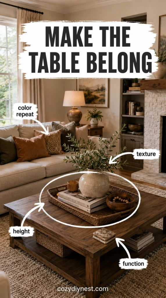 finished coffee table decor connected to a warm cozy living room with repeated colors and textures