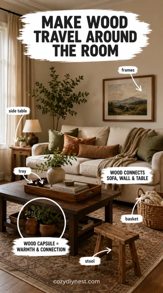finished cozy living room with repeated warm wood accents side table tray frames basket and stool