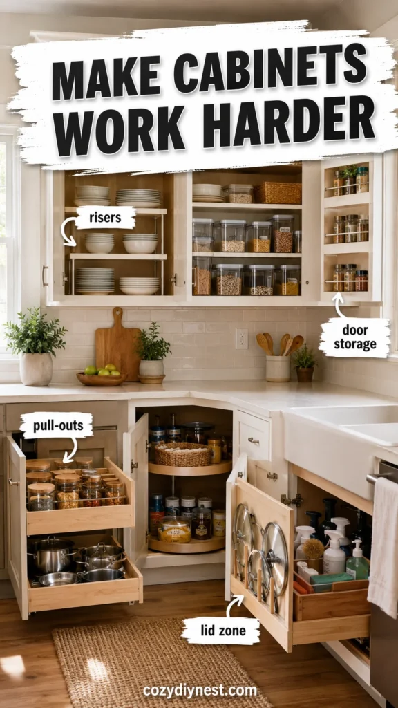 kitchen cabinet organization ideas showing a complete small kitchen cabinet system with risers pull outs bins and door storage