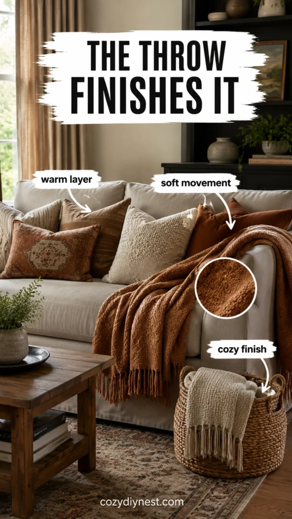 balanced throw pillow ideas for living room with warm pillows and throw blanket on beige sofa