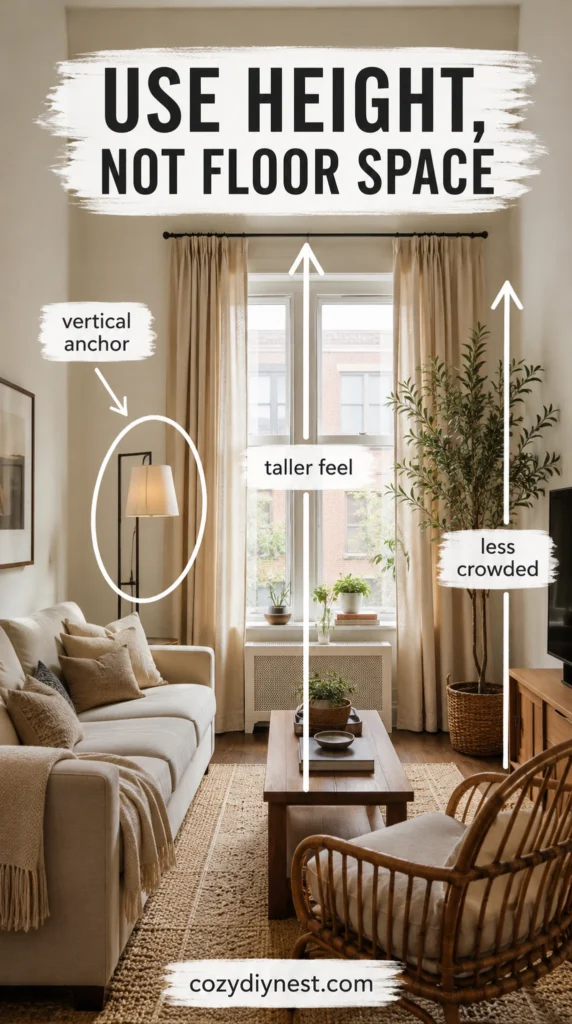 small living room layout using vertical height with tall lamp curtains greenery and wall shelf