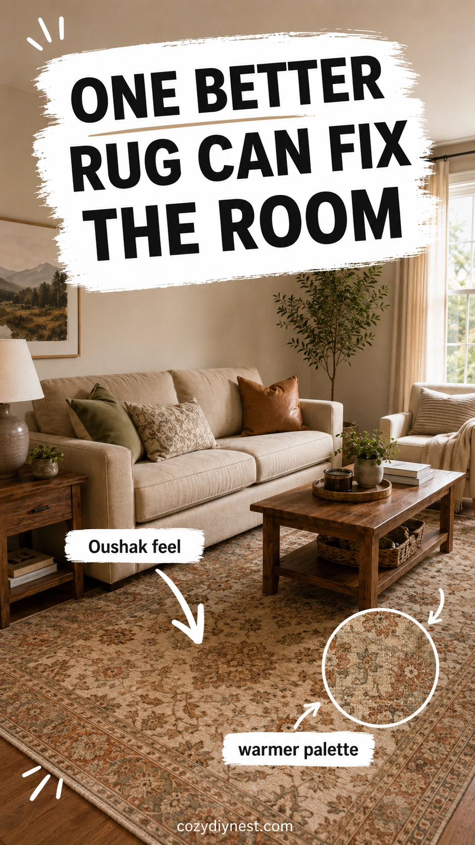 best rug color for living room using a warm Oushak style rug