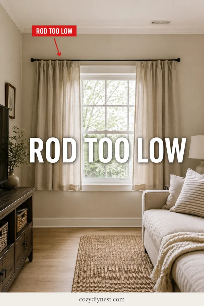 curtain hanging mistakes showing curtains hung too low above a living room window