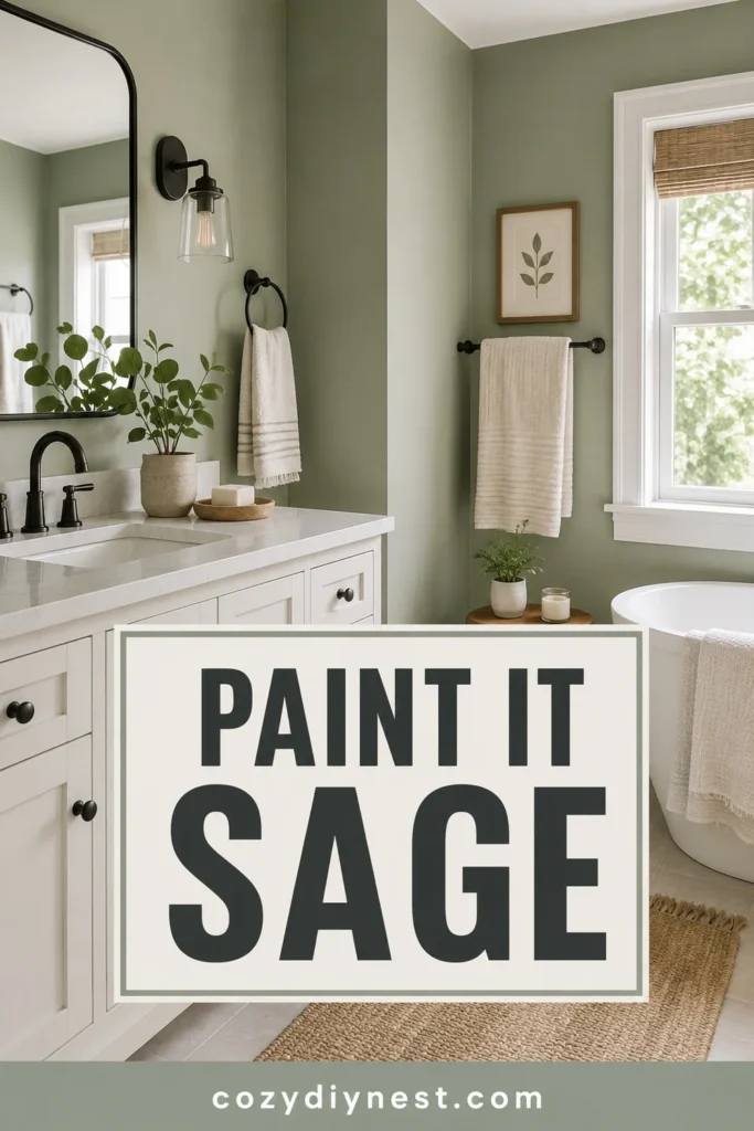 green bathroom ideas with muted sage walls and white fixtures