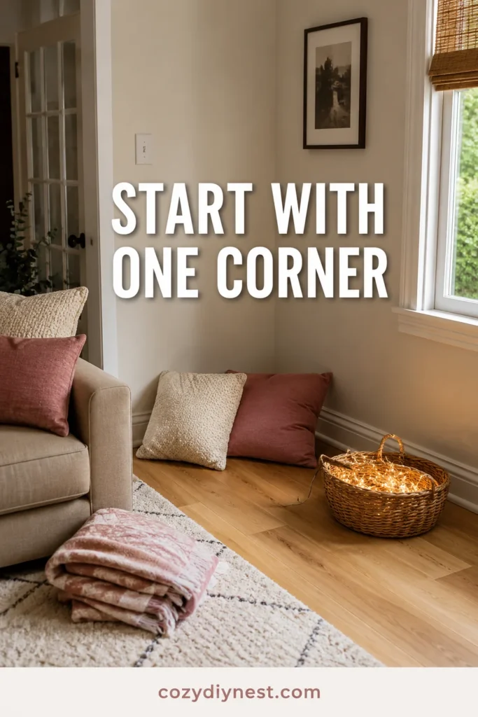 valentine fort ideas showing a cozy living room corner before turning it into a romantic date night fort