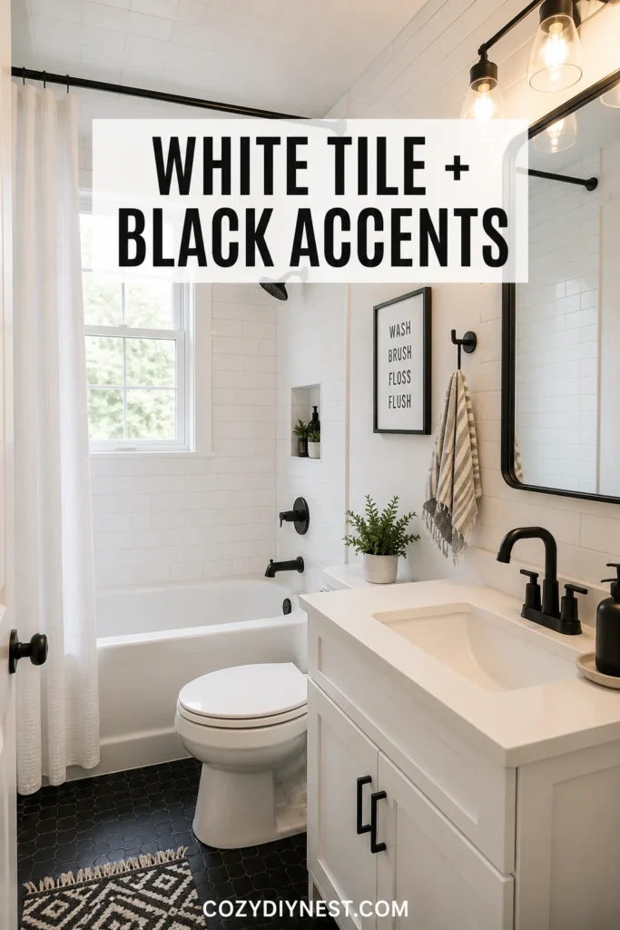 01 white subway tile black accents bathroom