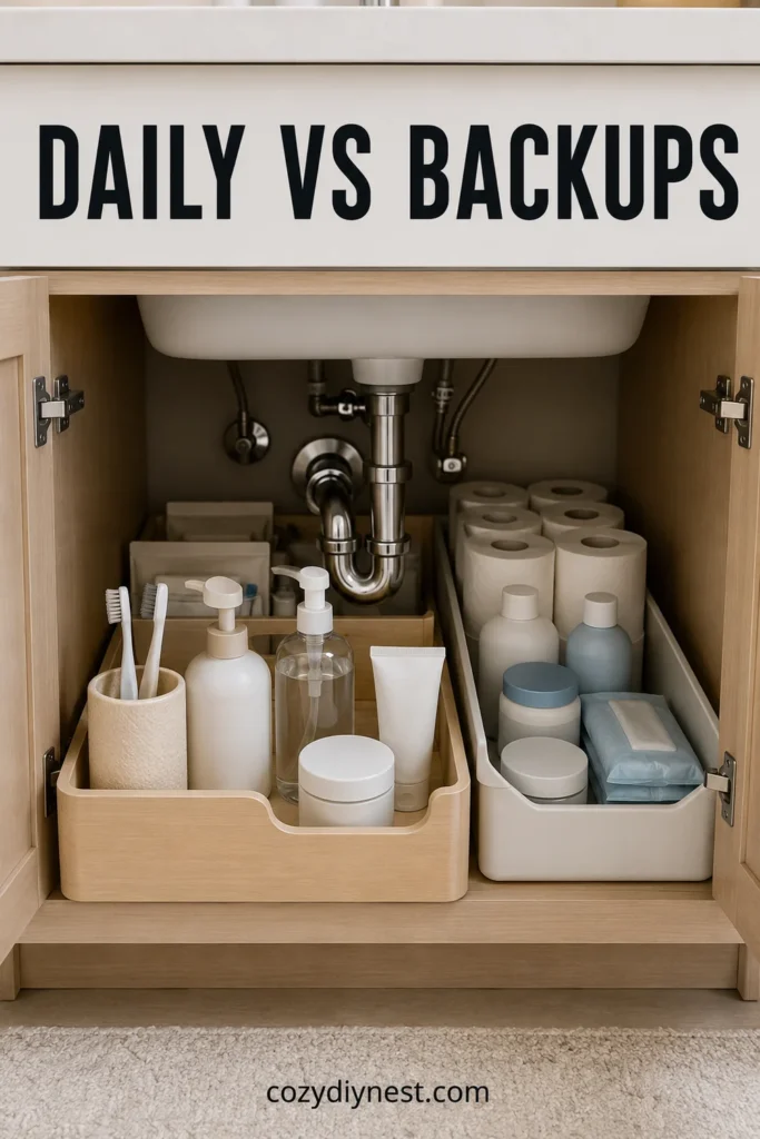 bathroom organization under sink with daily-use products separated from backup products