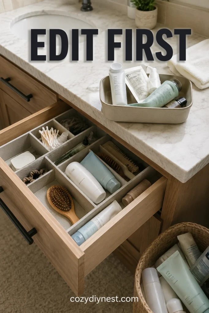 bathroom drawer organization by removing expired and unused products