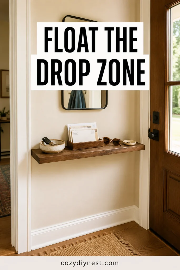 entryway wall storage ideas using a floating shelf for keys mail sunglasses and daily items