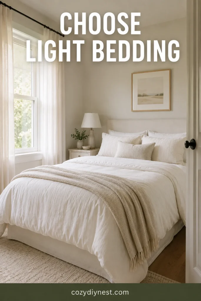 small bedroom ideas with light bedding, soft pillows, and calm neutral styling