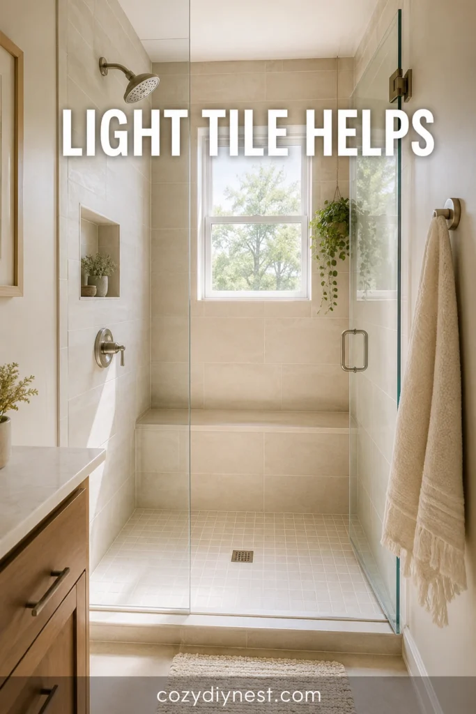 small walk in shower ideas with light neutral tile and glass