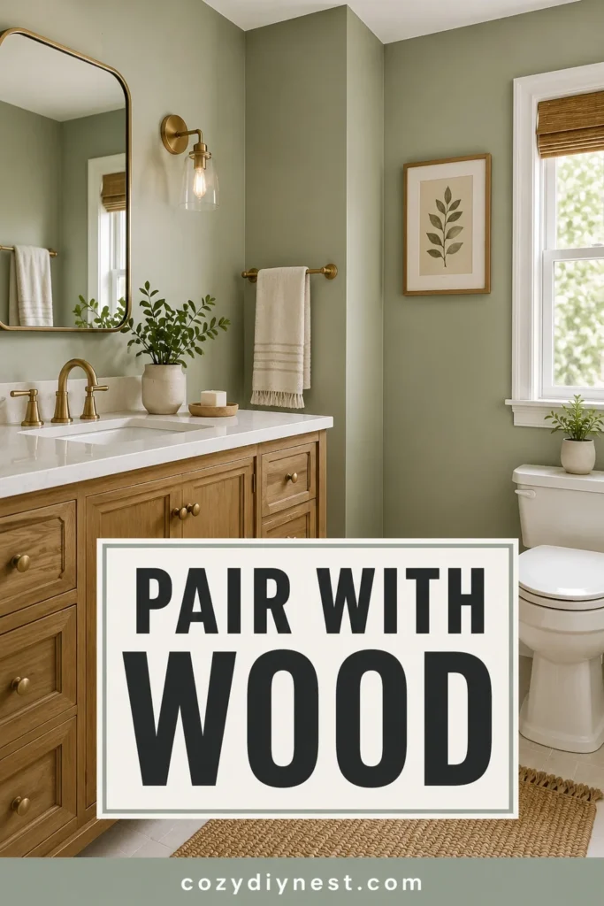 green bathroom ideas with sage walls and a warm wood vanity