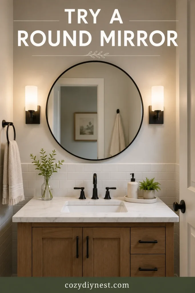 Bathroom Mirror Ideas: 21 Stunning Vanity Wall and Lighting Looks 2 bathroom mirror ideas with a round mirror above a small vanity