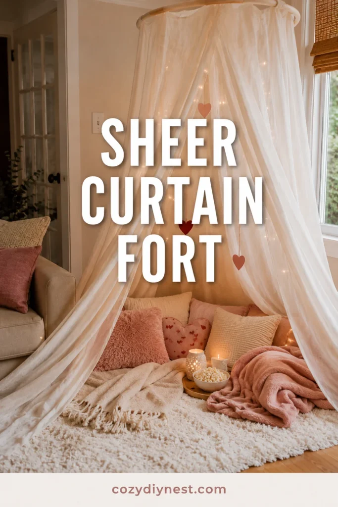 valentine fort ideas using sheer curtains to create a soft romantic canopy in a living room corner