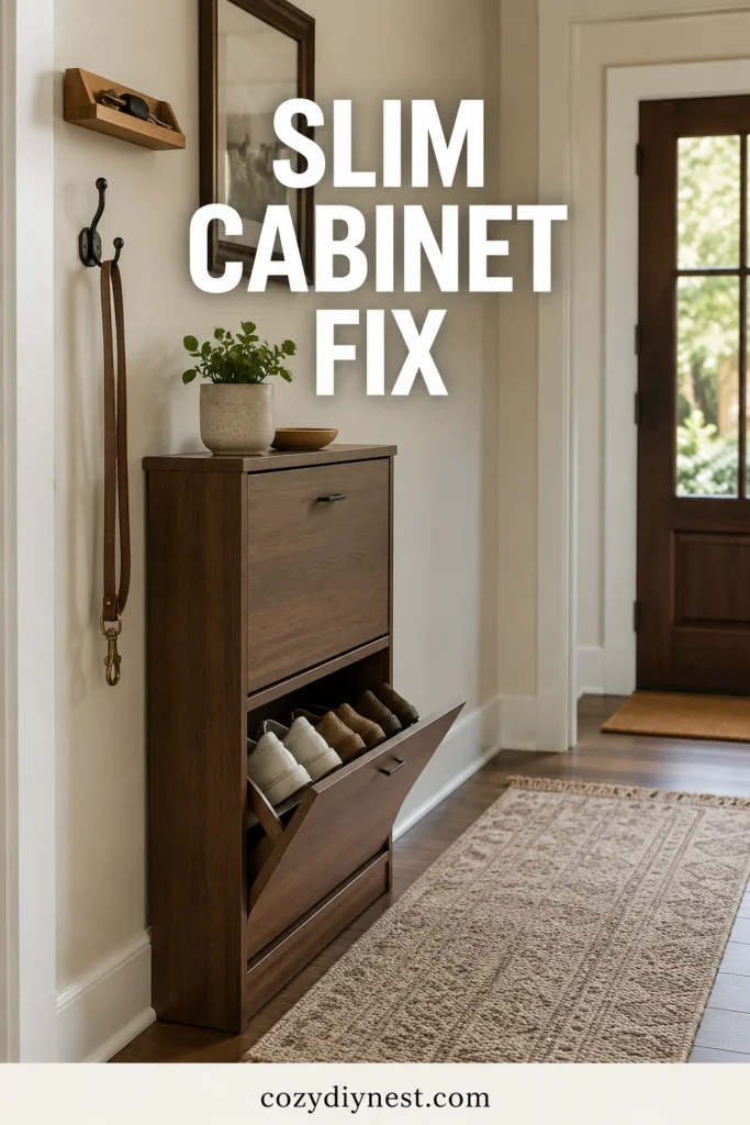 entryway shoe storage ideas using a slim shoe cabinet to hide shoes in a small front entryway