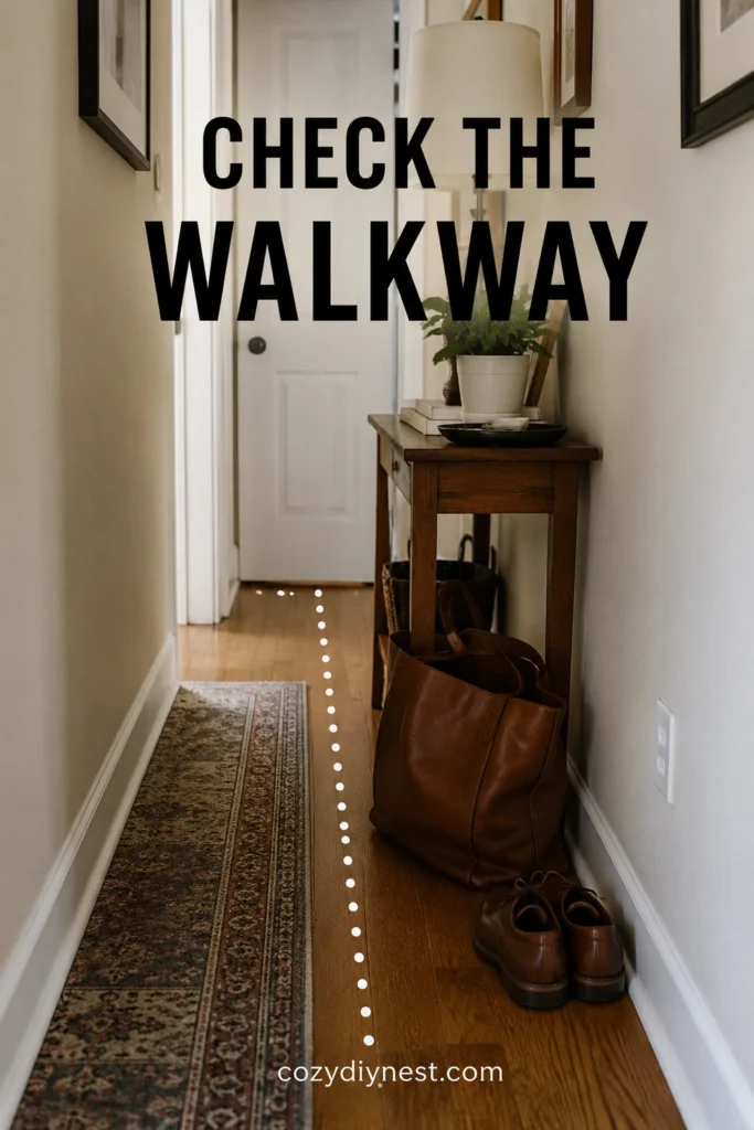 small hallway storage ideas showing a dotted walking path through a narrow hallway with clutter moved away