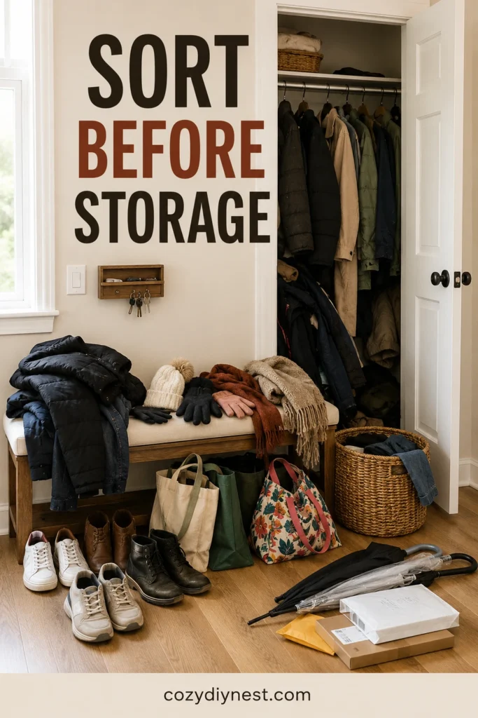 coat closet organization ideas sorting daily coats shoes bags and accessories before organizing