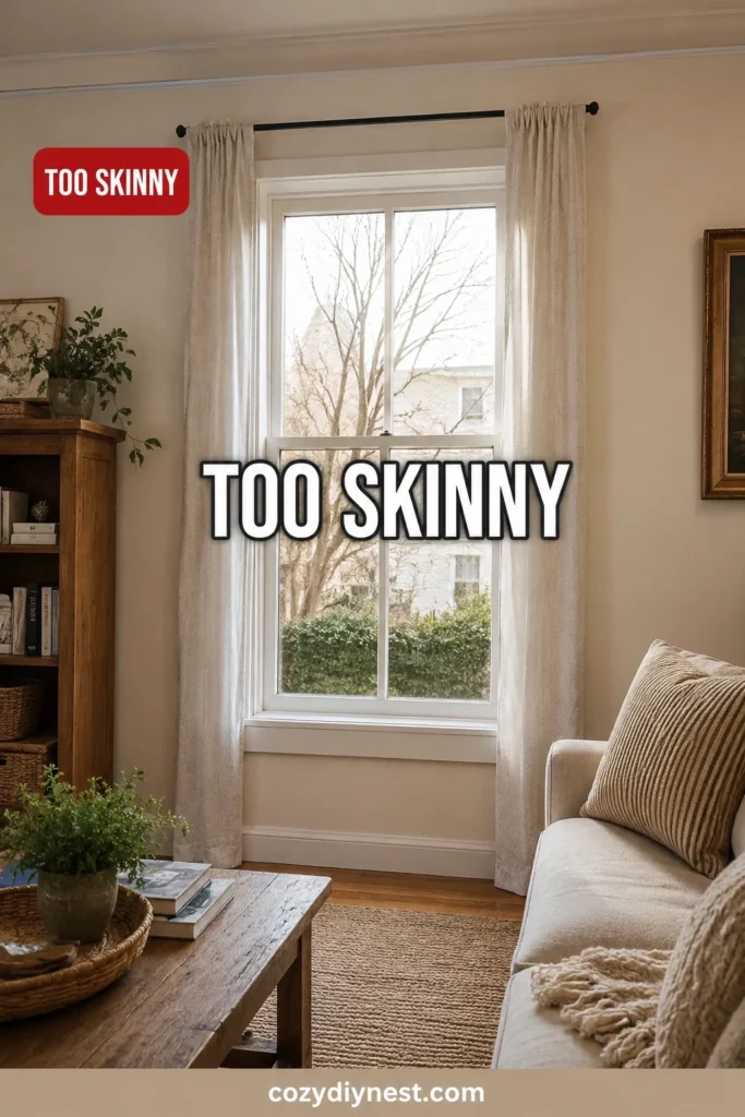 curtain hanging mistakes showing skinny curtain panels that make a window look flat and unfinished