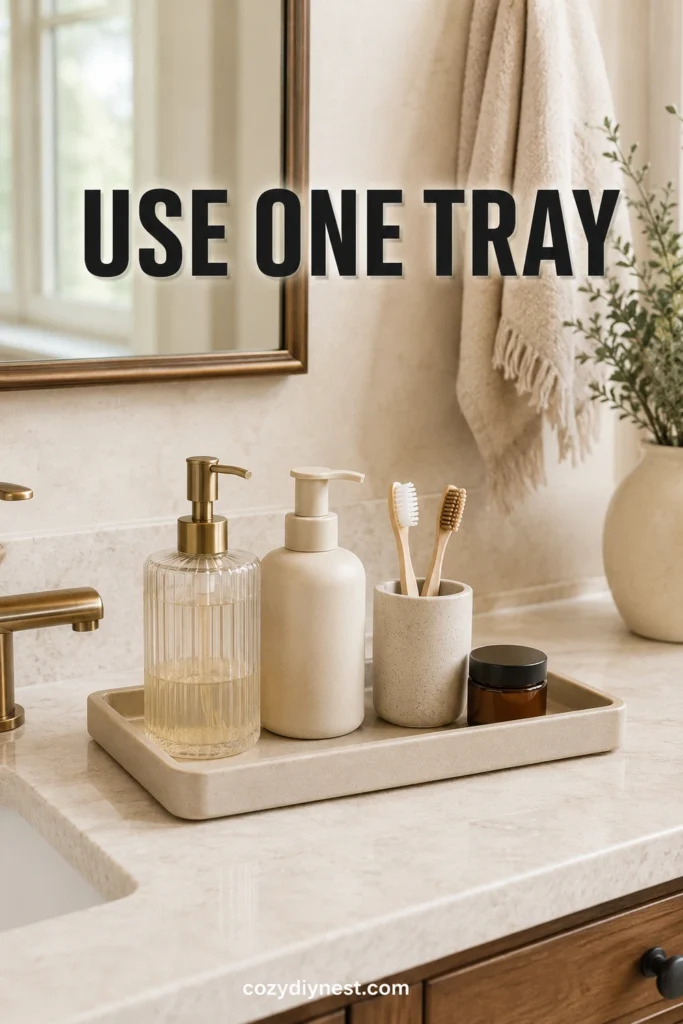 bathroom counter organization using one tray to group everyday vanity items