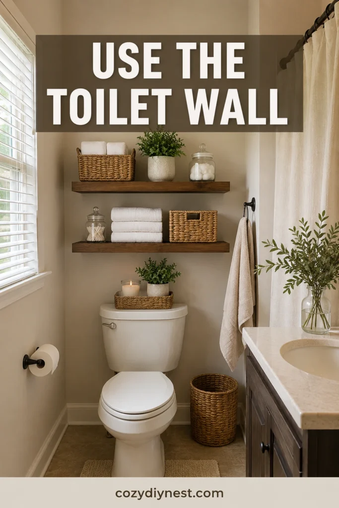 tiny bathroom ideas with shelves above toilet for storage