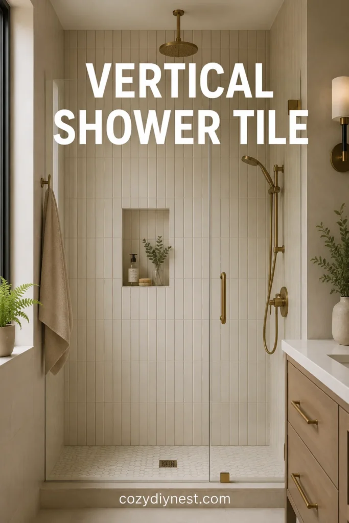 bathroom tile ideas with vertical stacked shower tile in a modern bathroom