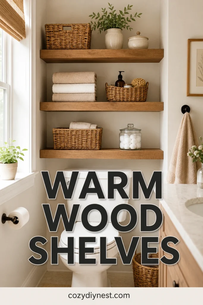 warm wood shelves above toilet with towels and baskets in a small bathroom