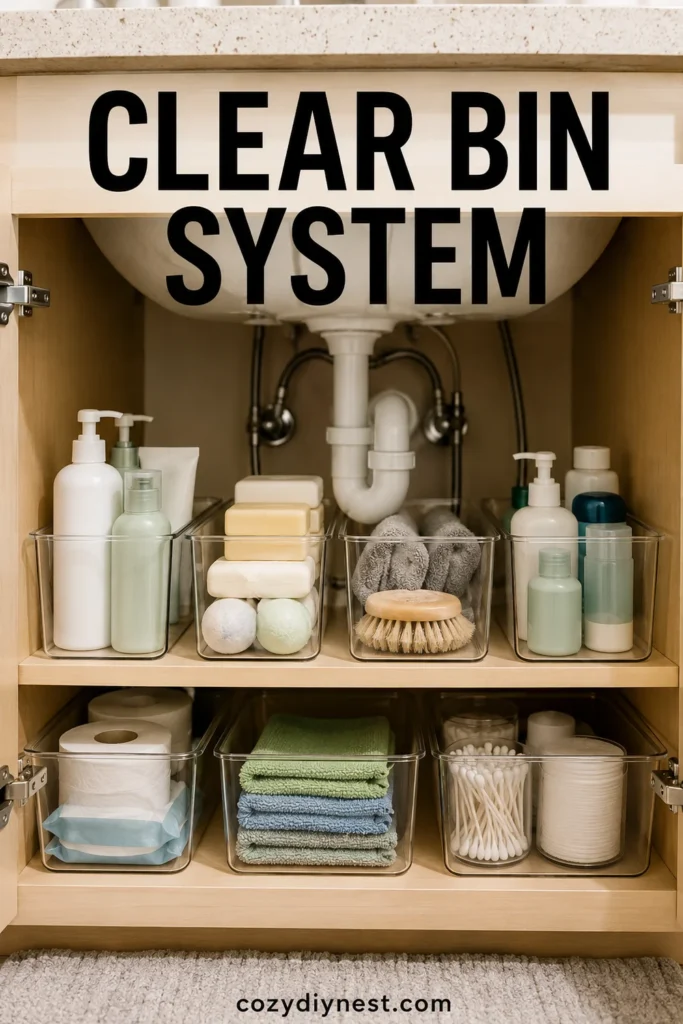 bathroom organization under sink using clear bins for grouped toiletries and cleaning supplies