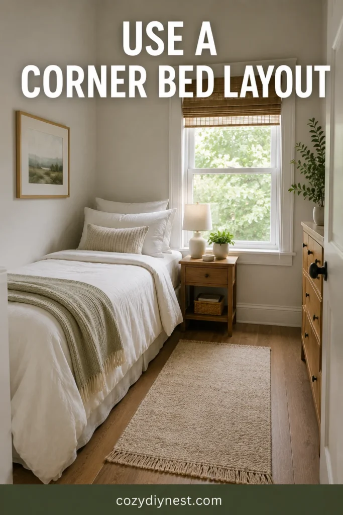 small bedroom layout ideas with a corner bed placement and clear walkway