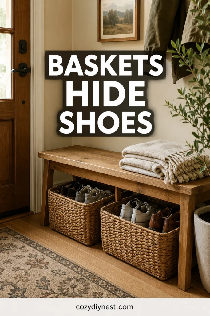 entryway shoe storage ideas using woven baskets under a small bench for everyday shoes