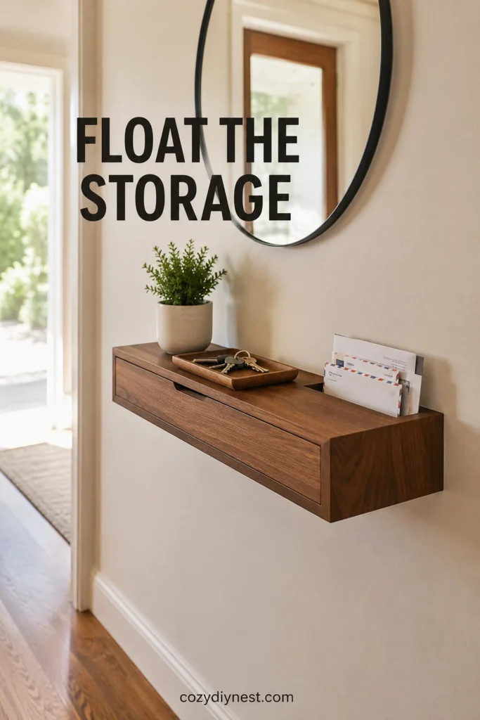 small hallway storage ideas using a floating shelf with key tray mail spot and clear floor