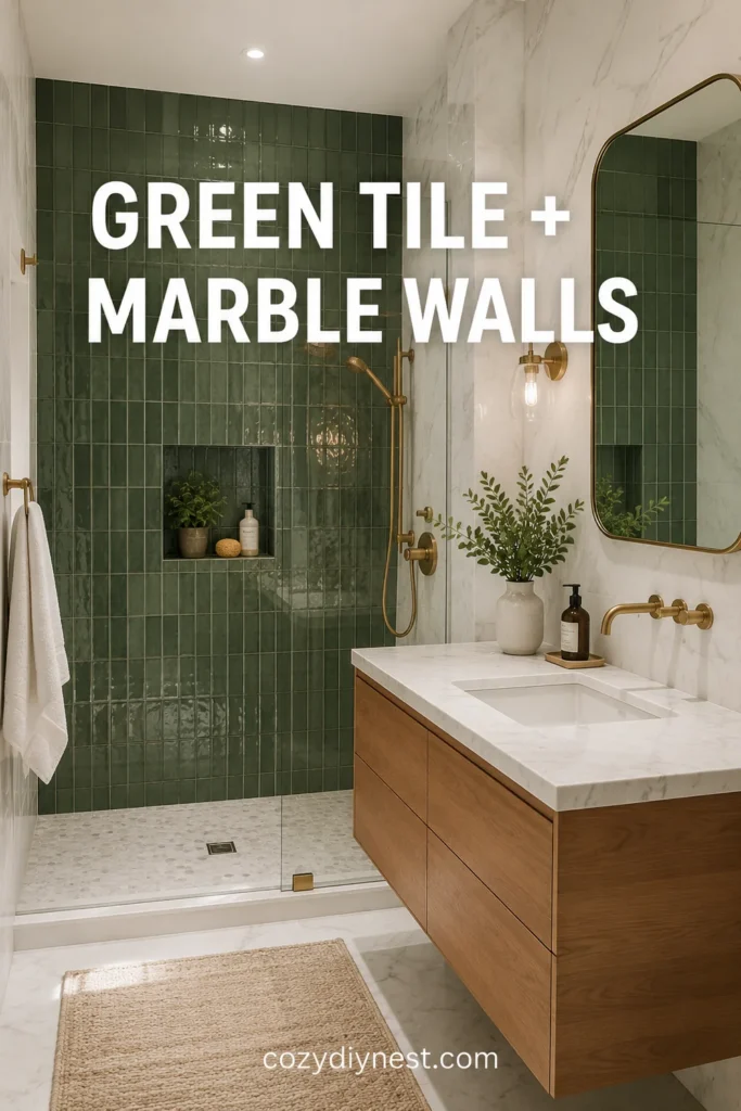 bathroom tile ideas with green shower tile and marble look bathroom walls