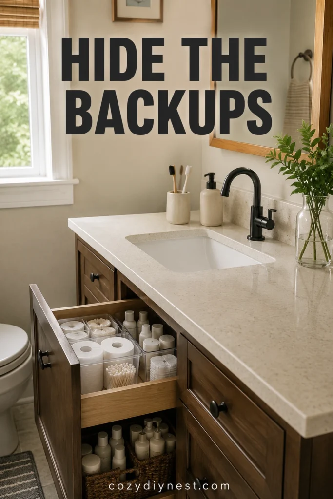 bathroom counter organization with backup products stored away from the vanity