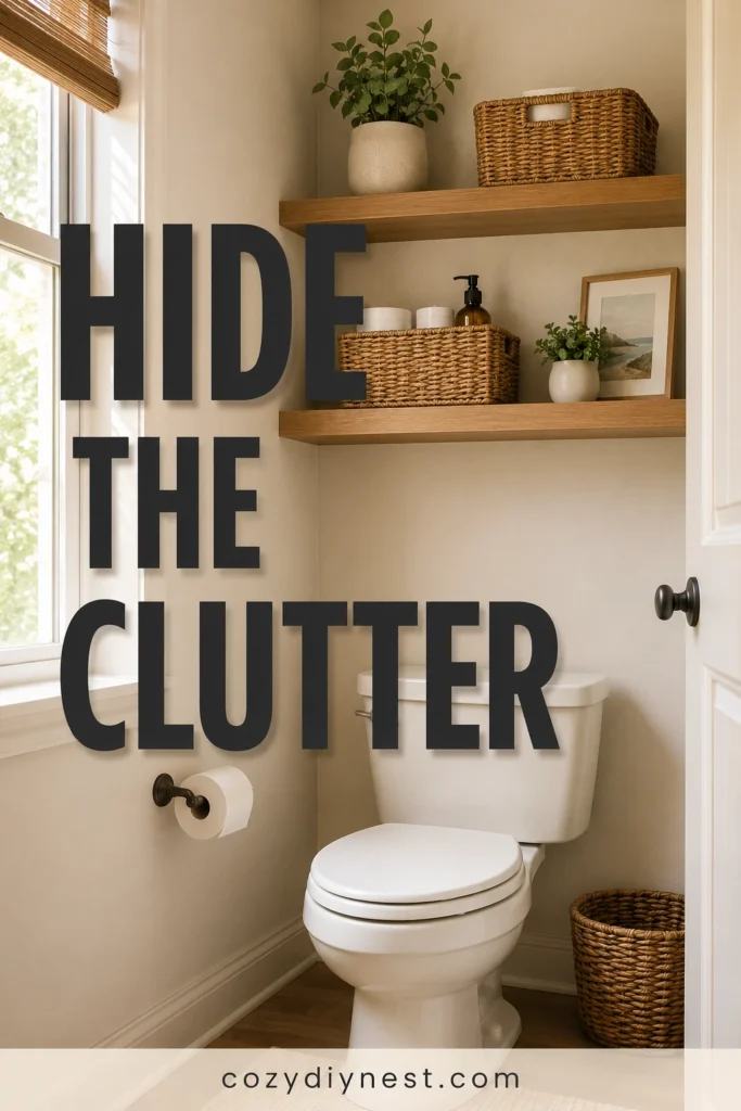 shelves above toilet with baskets for hidden small bathroom storage
