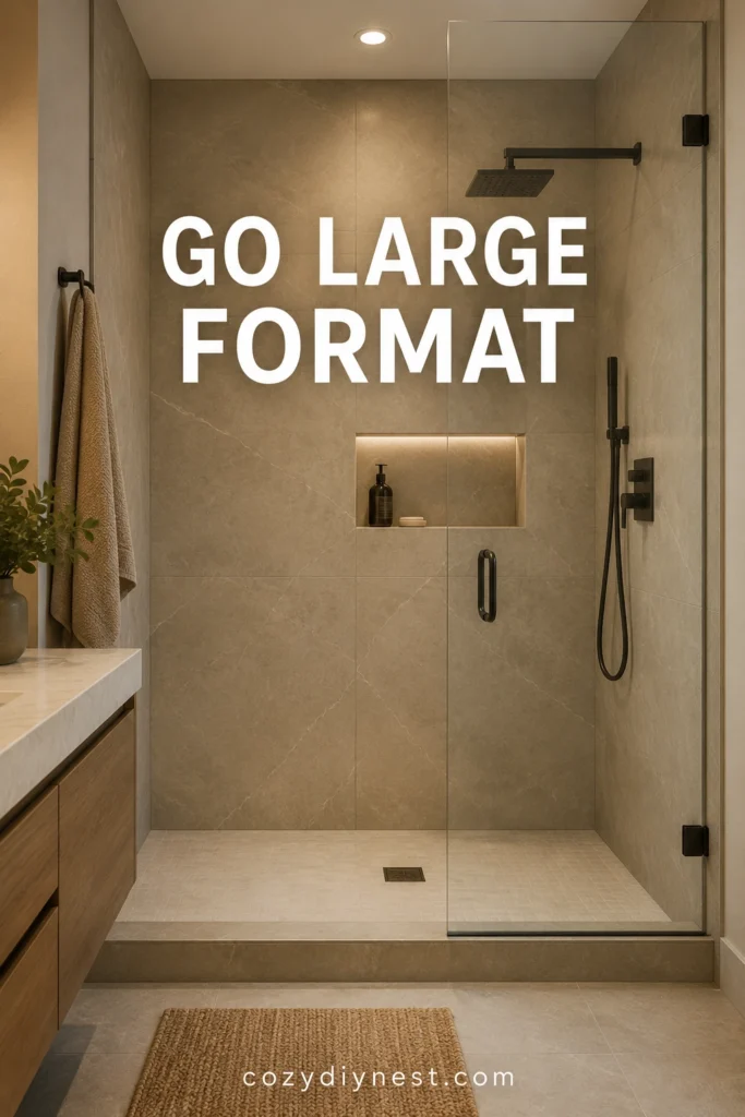 walk in shower tile ideas with large format tile in a small bathroom