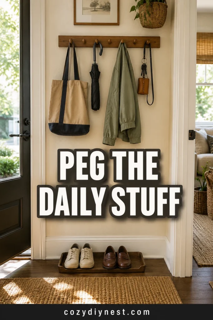 entryway wall storage ideas using wall pegs for bags jackets umbrellas and everyday items