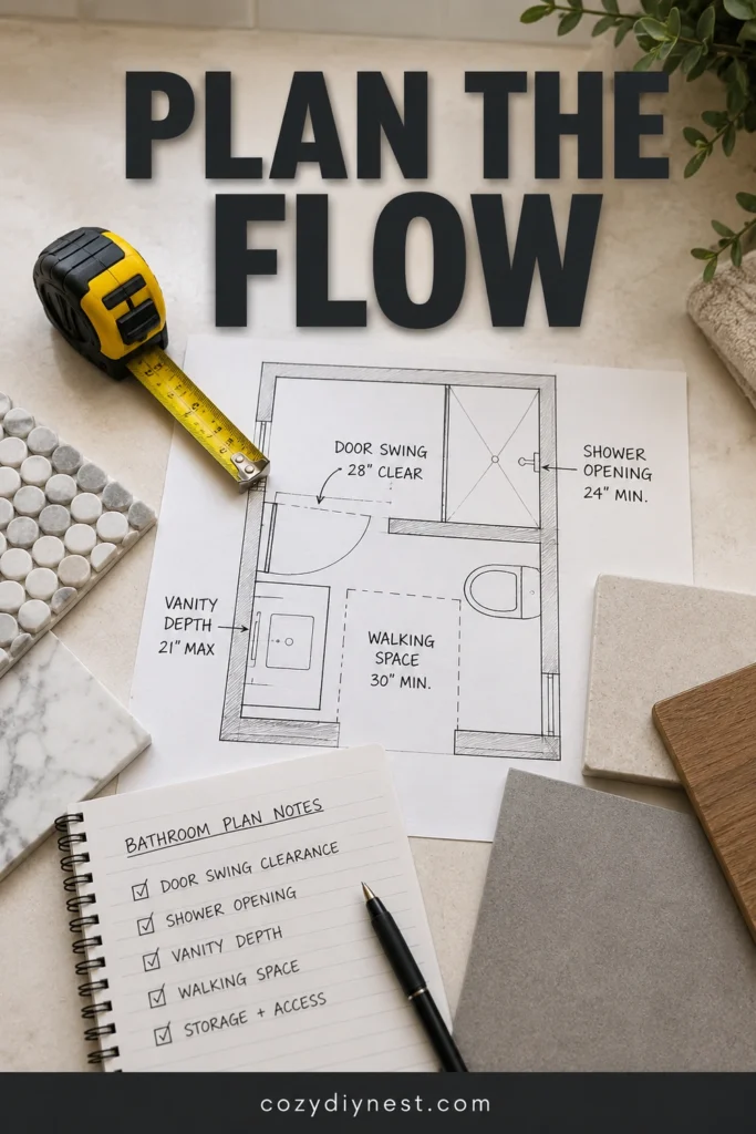 small bathroom remodel layout planning with door swing and vanity spacing