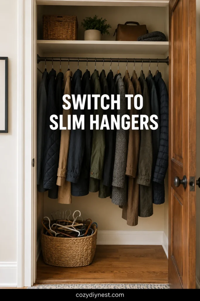 coat closet organization ideas using slim hangers to make coats fit better in a small entry closet